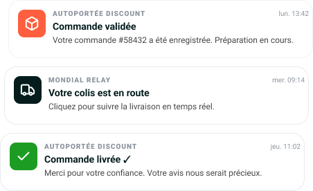 Stack de 3 notifications : commande validée, colis en route, commande livrée