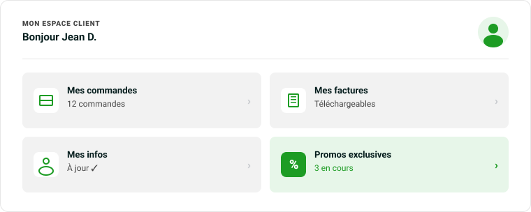 Dashboard de l'espace client Autoportée Discount avec commandes, factures, infos et promos